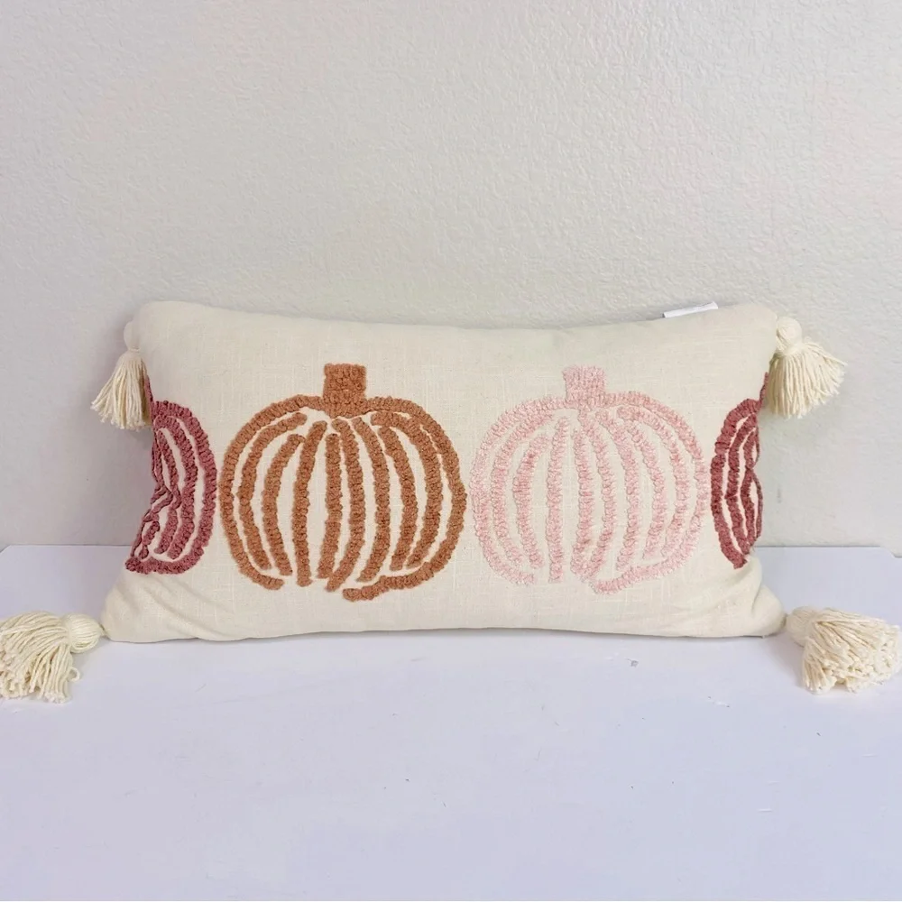 Indigo Moon Pumpkin Embroidered Lumbar Accent Pillow W/ Tassels 24” x 14“